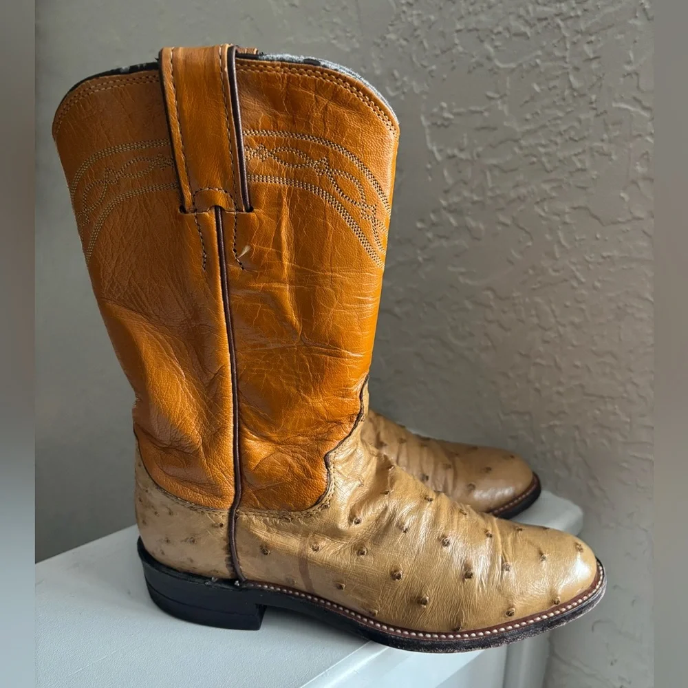Justin Full Quill Ostrich Two Tone leather Western Cowboy Boots pull on size 4.5